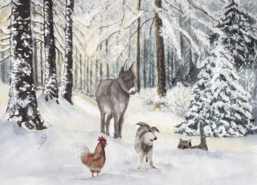 Postkarte DIN-A5 Bremer Stadtmusikanten Weihnachten im Wald - Bre16